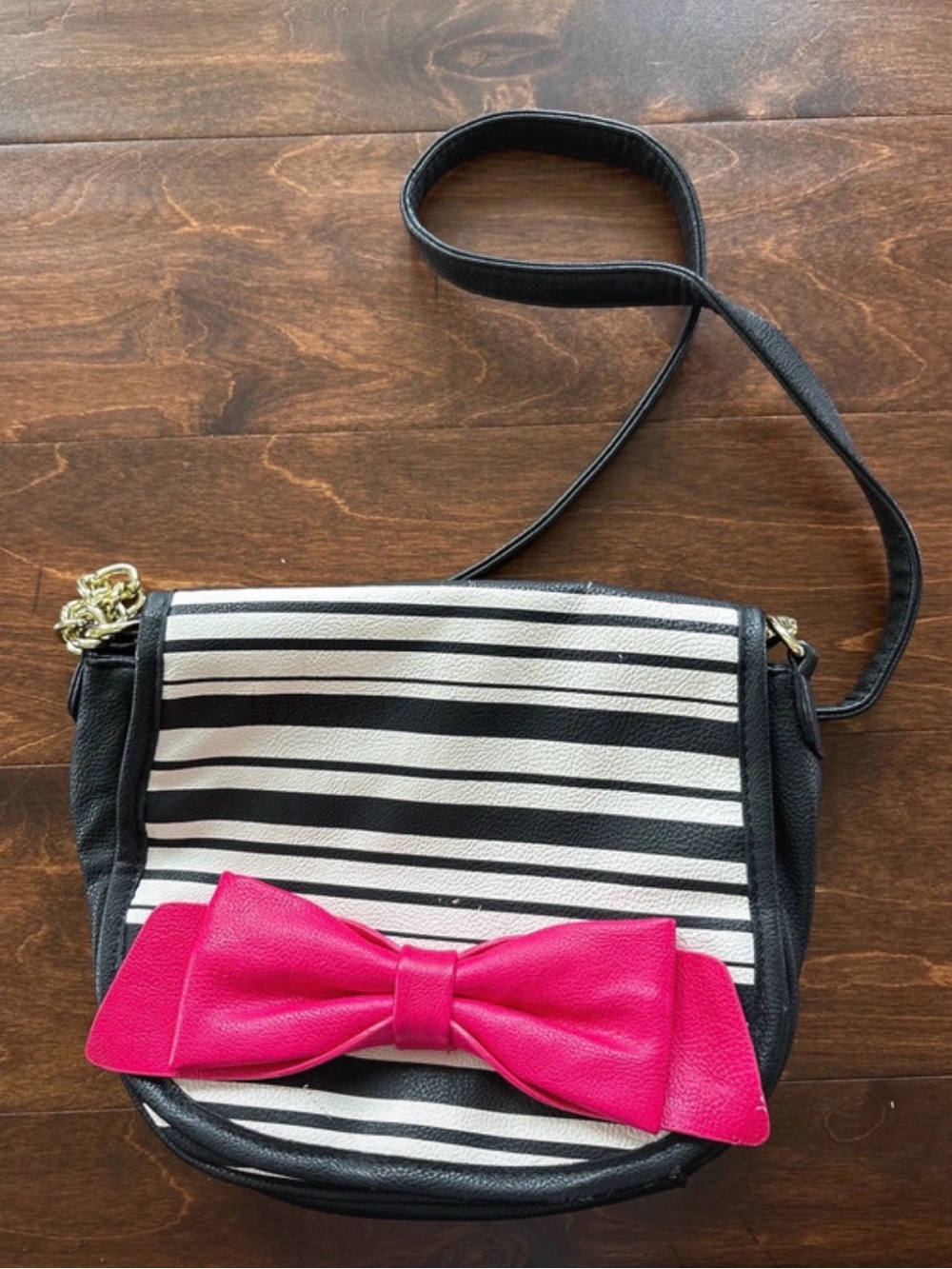 Betsey Johnson Black & White Striped Crossbody Bag with Pink Bow